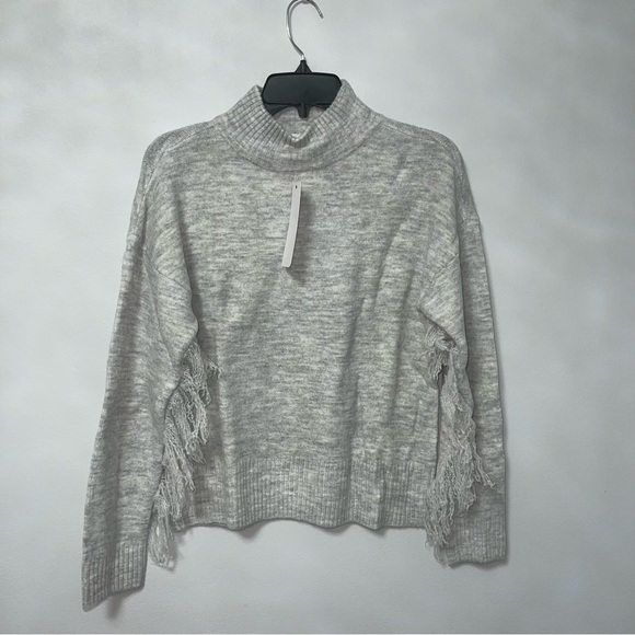 Olivia Sky Fringe Trim Mock Neck Sweater In Light Heather Grey NWT - Reemoly - Picture 7 of 11